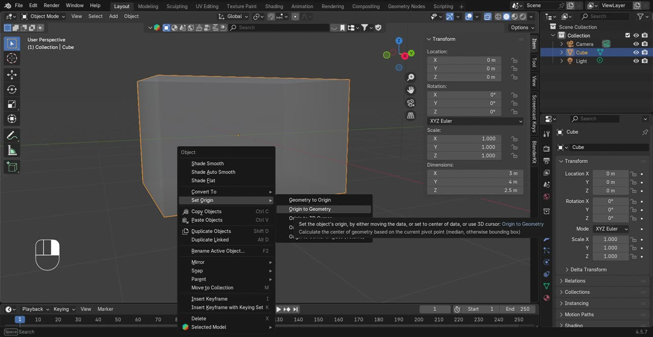 Object → Set Origin → Origin to 3D Cursor